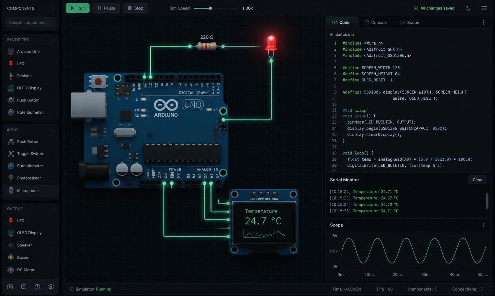 Atelier Circuitly : carte Arduino câblée à une LED, un écran OLED et un éditeur de code avec moniteur série